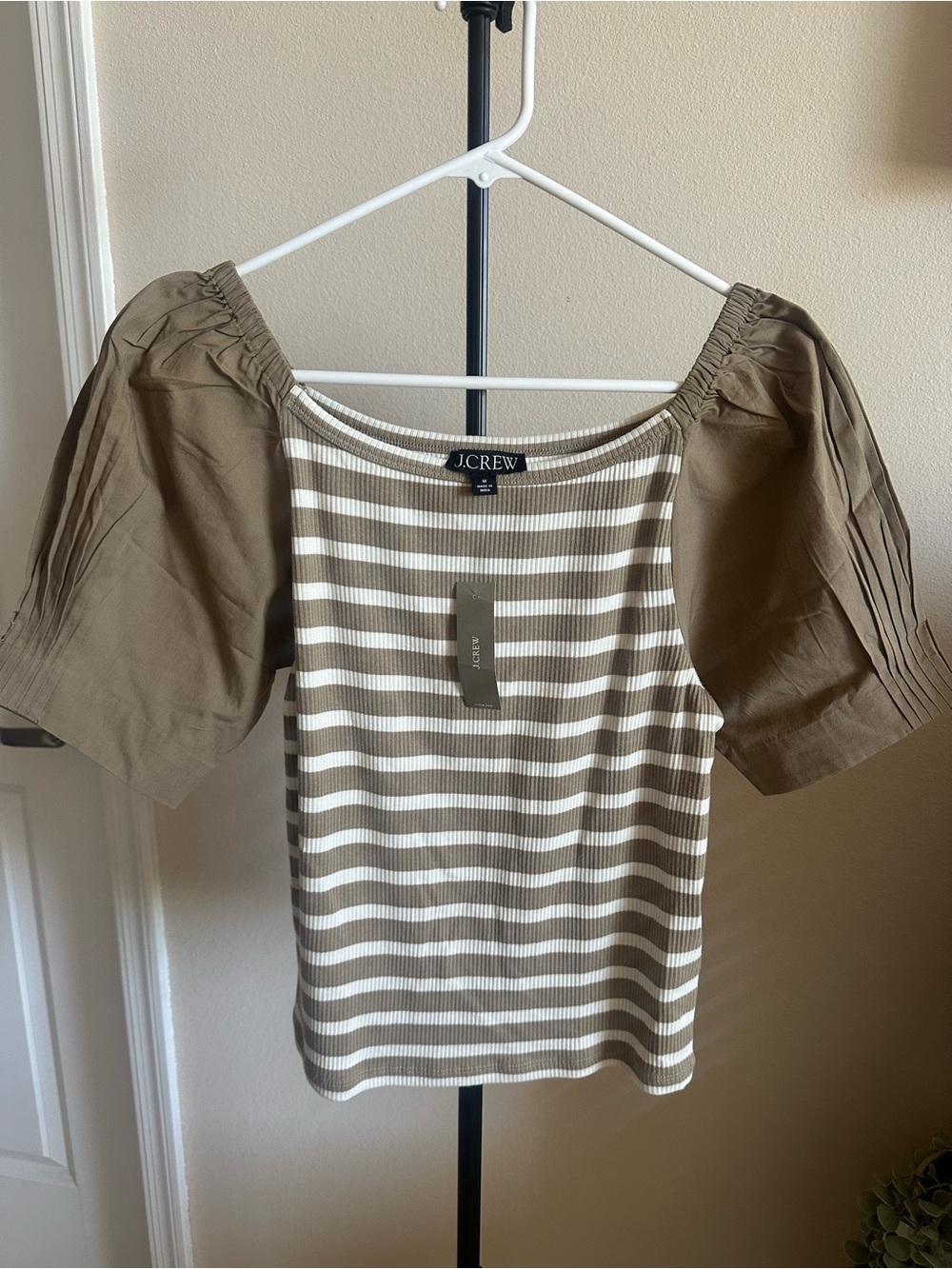J. Crew Ivory and Taupe Striped Puff-Sleeve Knit Top